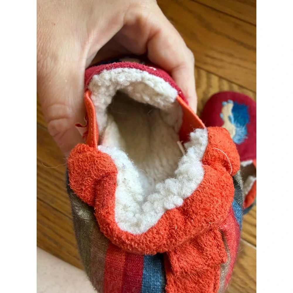 Acorn Toddler Hedgehog Moccasin Slippers Red Blue Striped 18-24 Months 14cm